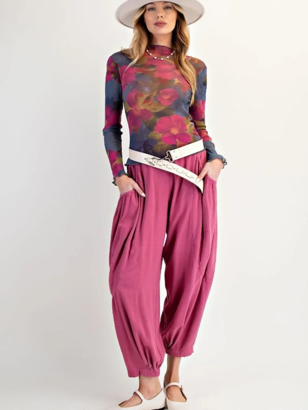 Easel Pink Stretchy waist Harem Ruched Linen Pants - Picture 7 of 7